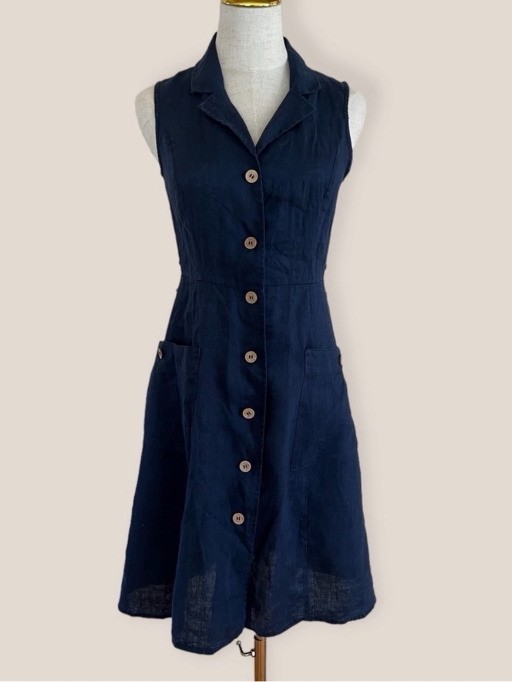 MNG 100% Linen Navy Button-Front Dress